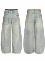 2025 Vintage Washed Rhinestone Ironing Mens Jeans Straight Leg Jeans for Men