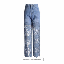 2026 Factory Price Lace Patchwork Women Jeans Straight Leg Jeans for Women Customized
