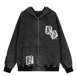 Factory Price Patchwork Embroidery Vintage Washed Mens Hoodies Zip Up Hoodies For Men