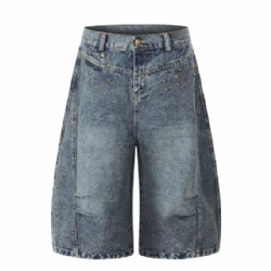 2026 Men Vintage Washed Jeans Shorts Rivets Decoration Denim Shorts