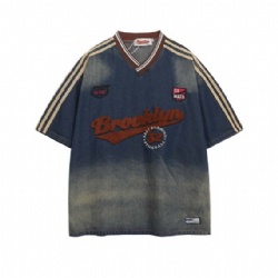 High Street Flocking Embroidery Men Denim T shirt Vintage Washed Mens t shirt