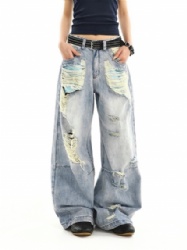 Factory Price High Street Ripped Loose Cut Womens Jeans Customized