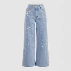 2025 High Waist Women Straight Leg Denim Pants with Rhinestone and Peals