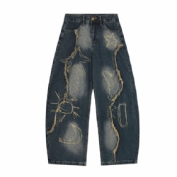 2025 Rough Hem Embroidery Men Jeans Wide Leg Jeans for Men